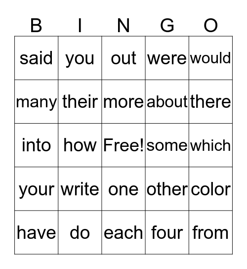 SIGHT WORD BINGO Card