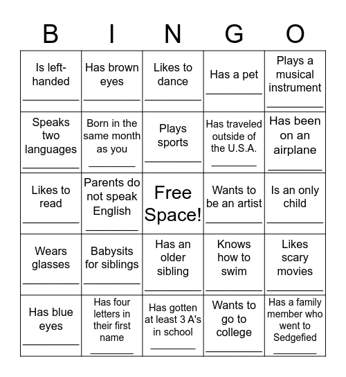 Get To Know You BINGO Card