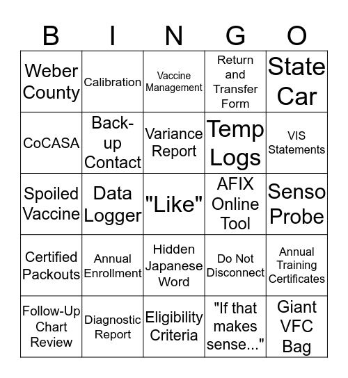 VFC Provider Relations Bingo Card