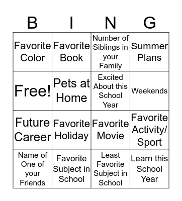 About Me- Back to School Bingo Card