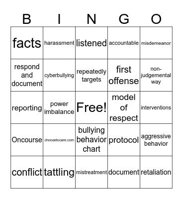 Anti-bullying Bingo Card