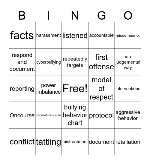 Anti-bullying Bingo Card