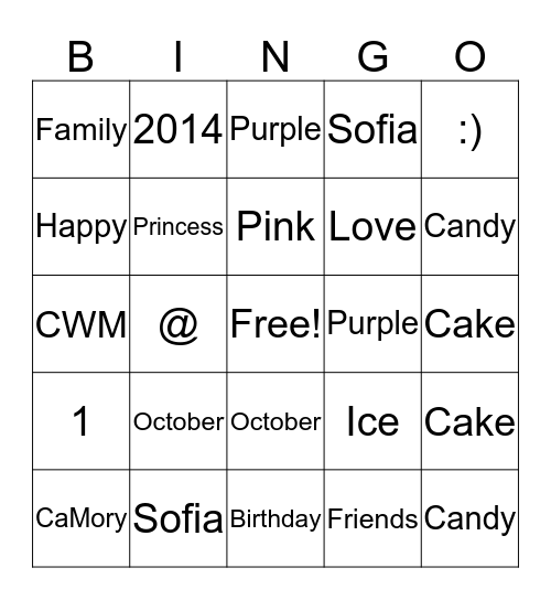 CaMory's 3rd Birthday  Bingo Card