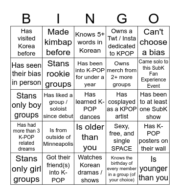 SubK's K-POP Bingo! (Find someone who...) Bingo Card