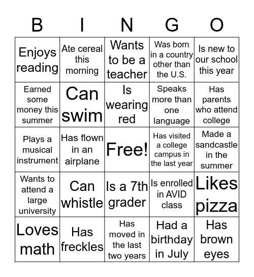 Welcome to Room 12 Bingo Card