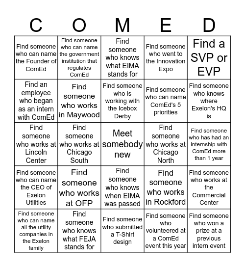 ComEd Executive Networking Bingo Card