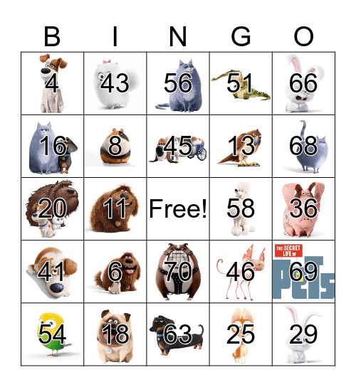 "Secret Life of Pets" Bingo Card