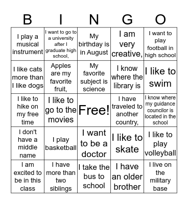My class Bingo Card