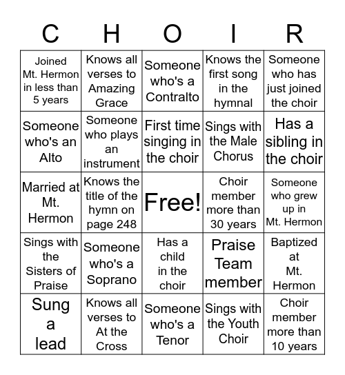 Get to know your Choir Members Bingo Card