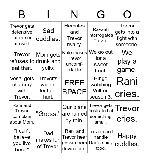 Trevor Comes to Visit BINGO!  Bingo Card