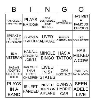 Mingle Bingo Card