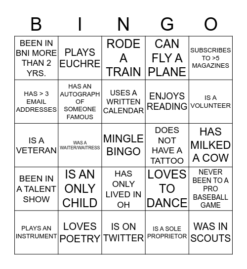 Mingle Bingo Card