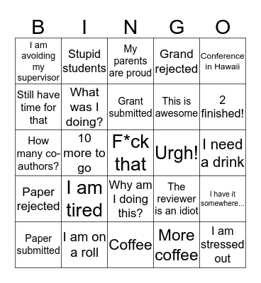 Grad Student bingo Card