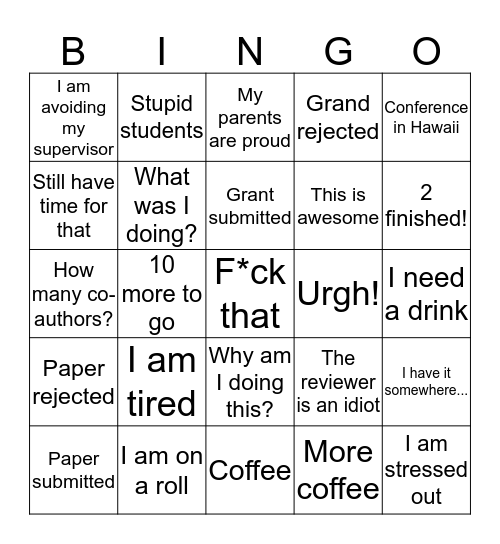 Grad Student bingo Card