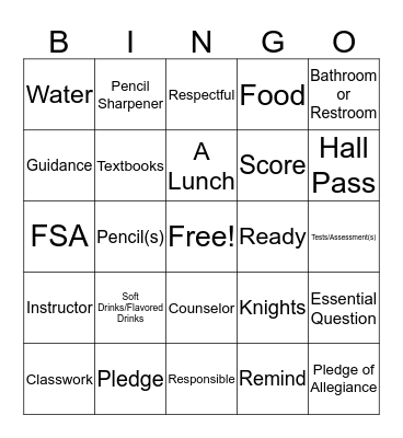 Beginning of School Bingo Card