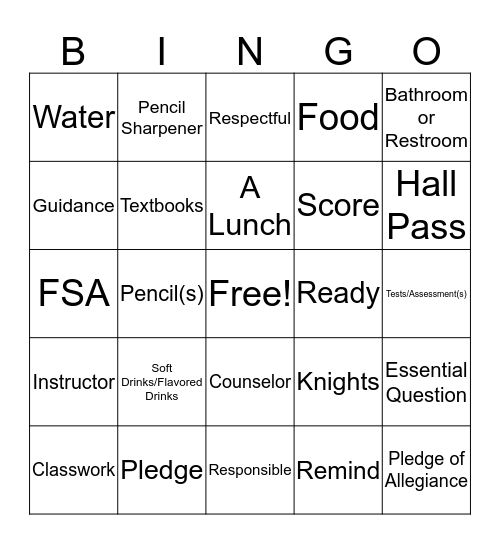 Beginning of School Bingo Card