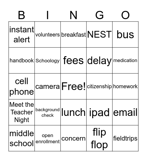 New Family Orientation Bingo Card