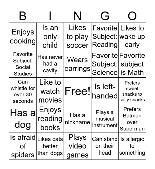Find Someone in the Class Who: Bingo Card