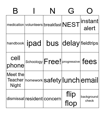 New Family Orientation Bingo Card