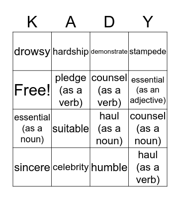 VOCABULARY BINGO Card