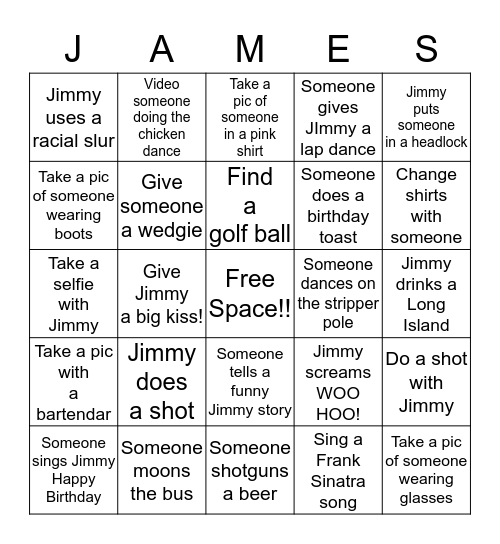 Jimmys 50th Bus Party Bingo Card