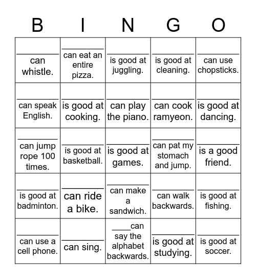 What talents do you have? Bingo Card
