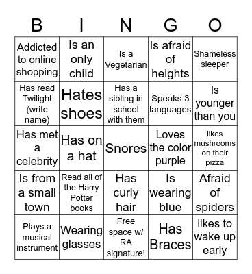 Resident Bingo Card