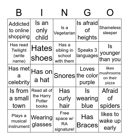 Resident Bingo Card