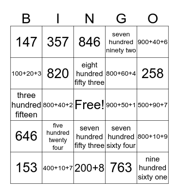 Place Value BINGO Card