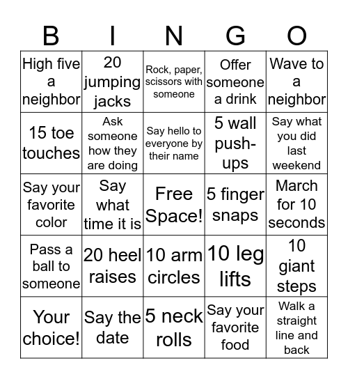 Motor & Cognitive Bingo Card