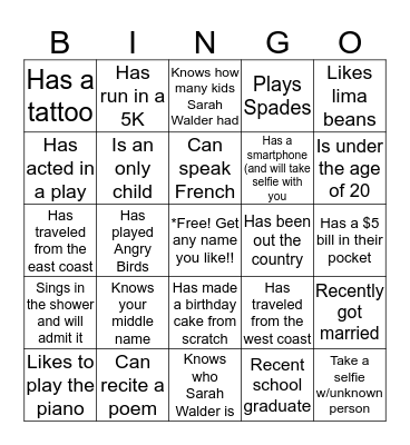 Walder's Family Reunion 2017 Bingo Card