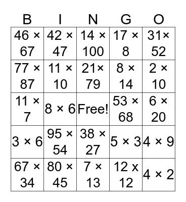 Multiplication Bingo Card