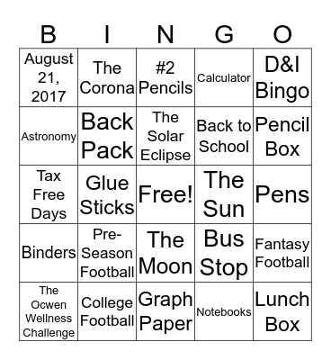 AUGUST Bingo Card