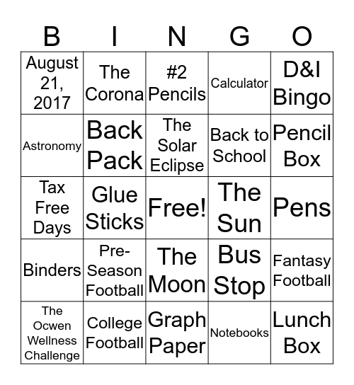 AUGUST Bingo Card