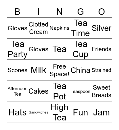 I Love Tea Party Bingo Card