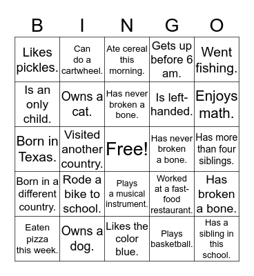 Get to Know You Bingo Card