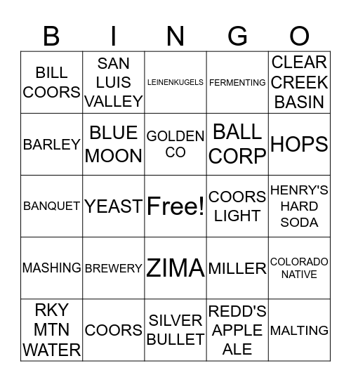 COORS TOUR BINGO Card