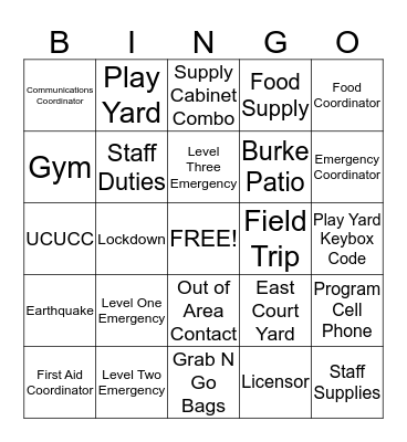 Emergency Preparedness Plan Bingo Card