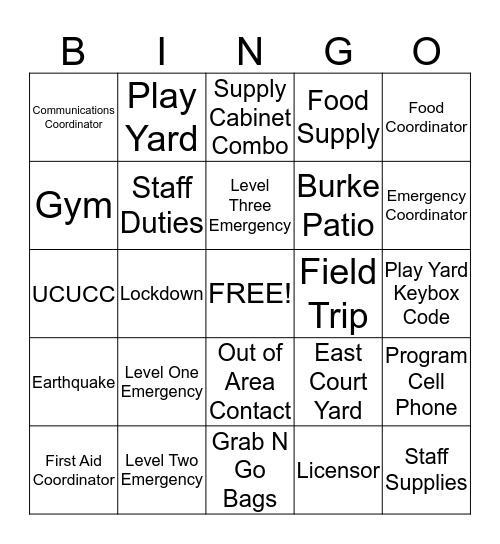 Emergency Preparedness Plan Bingo Card