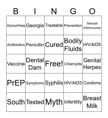 Sexually Transmitted Disease Prevention Education Bingo Card