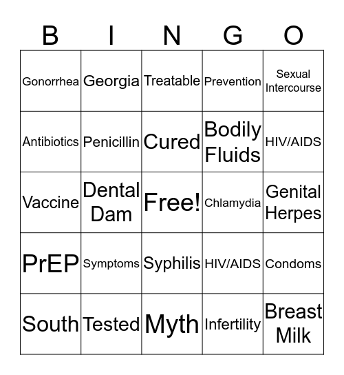 Sexually Transmitted Disease Prevention Education Bingo Card