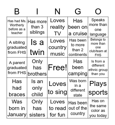 Get to Know Your Classmates Bingo Card