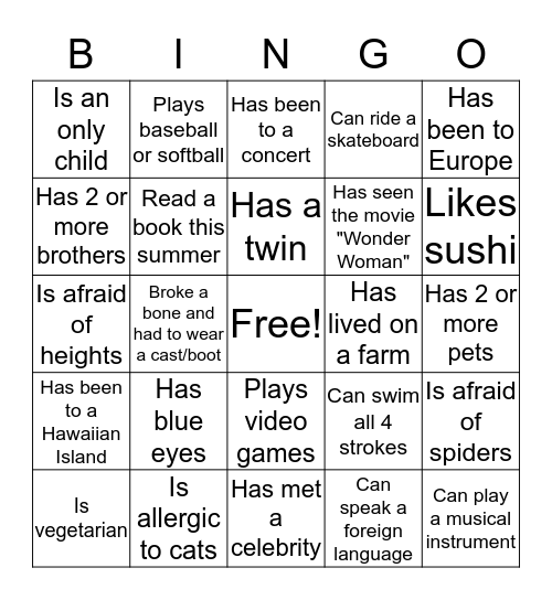 Friend Bingo Card