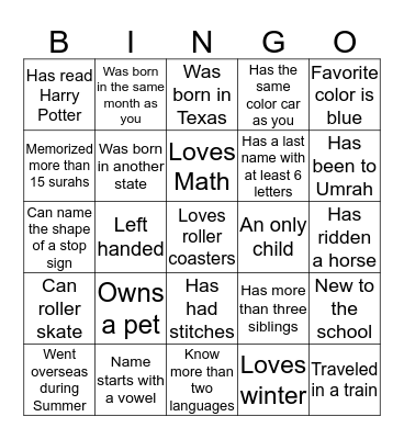 My class Bingo Card