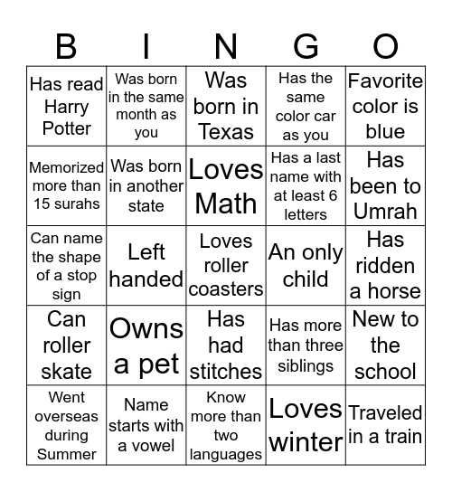 My class Bingo Card