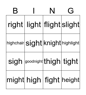 long i (igh) Bingo Card