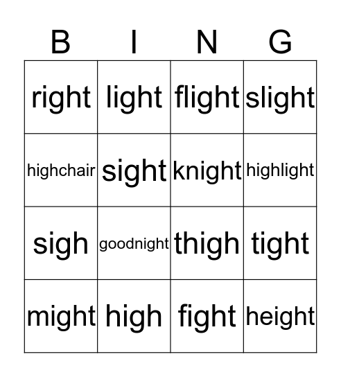 long i (igh) Bingo Card