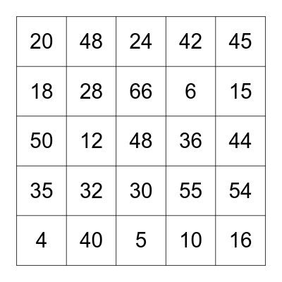 Multiplication Facts 4 - 6s Bingo Card