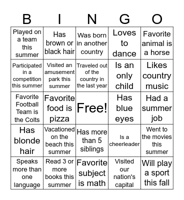 Welcome Back! BINGO Card