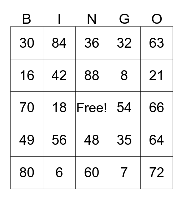 Multiplication Facts 6 - 8s Bingo Card